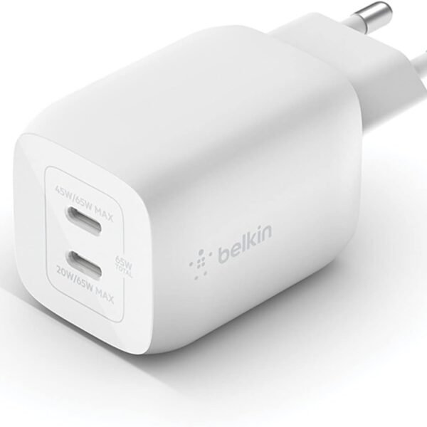 Belkin 65W Dual USB Type C Wall Charger, Fast Charging Power Delivery 3.0 with GaN Technology, USB C Charger
